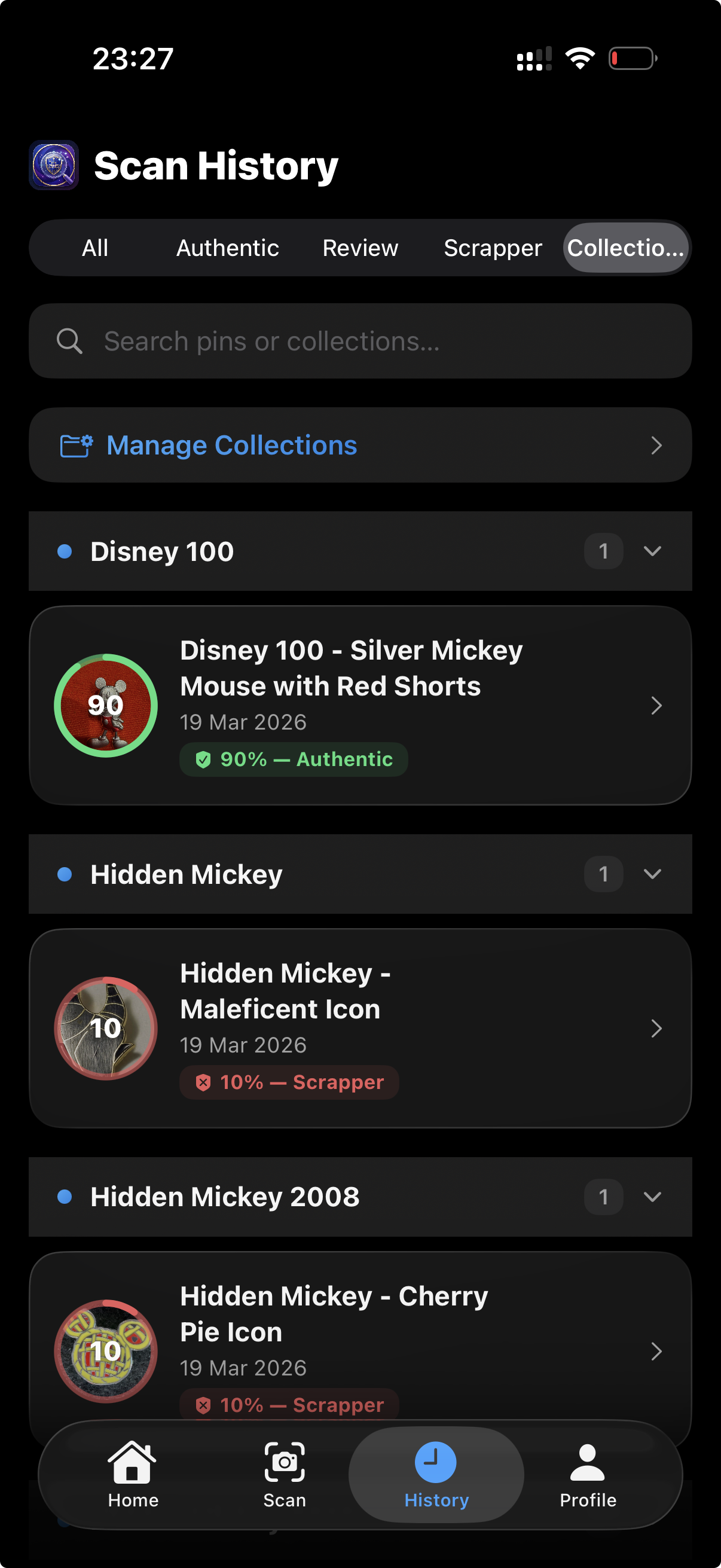 Scan history and collection view