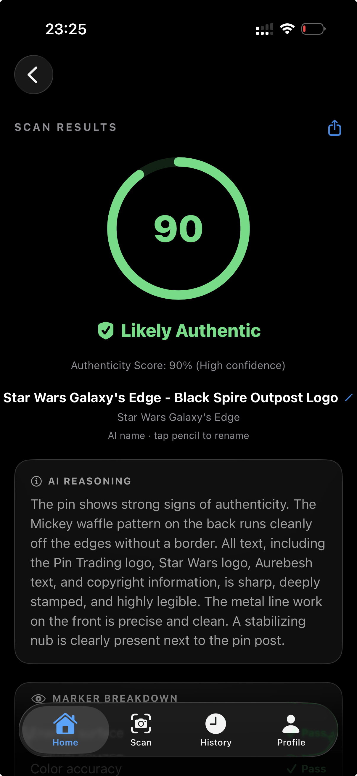 Authenticity score result screen showing 90% likely authentic